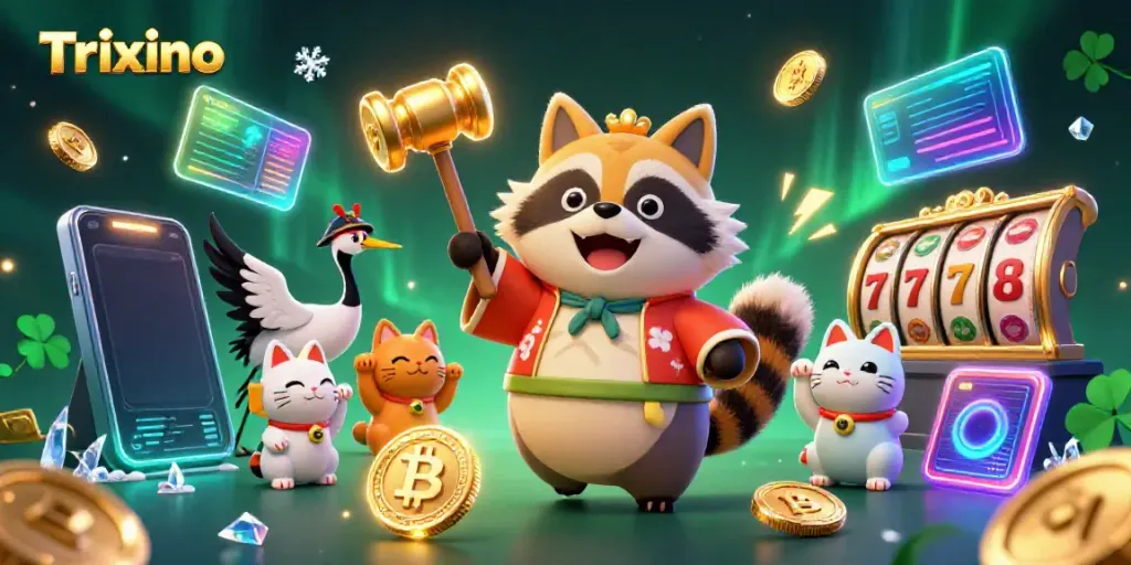 Trixino offers a vibrant casino scene with a cheerful tanuki and cryptocurrency elements, inviting players to engage.