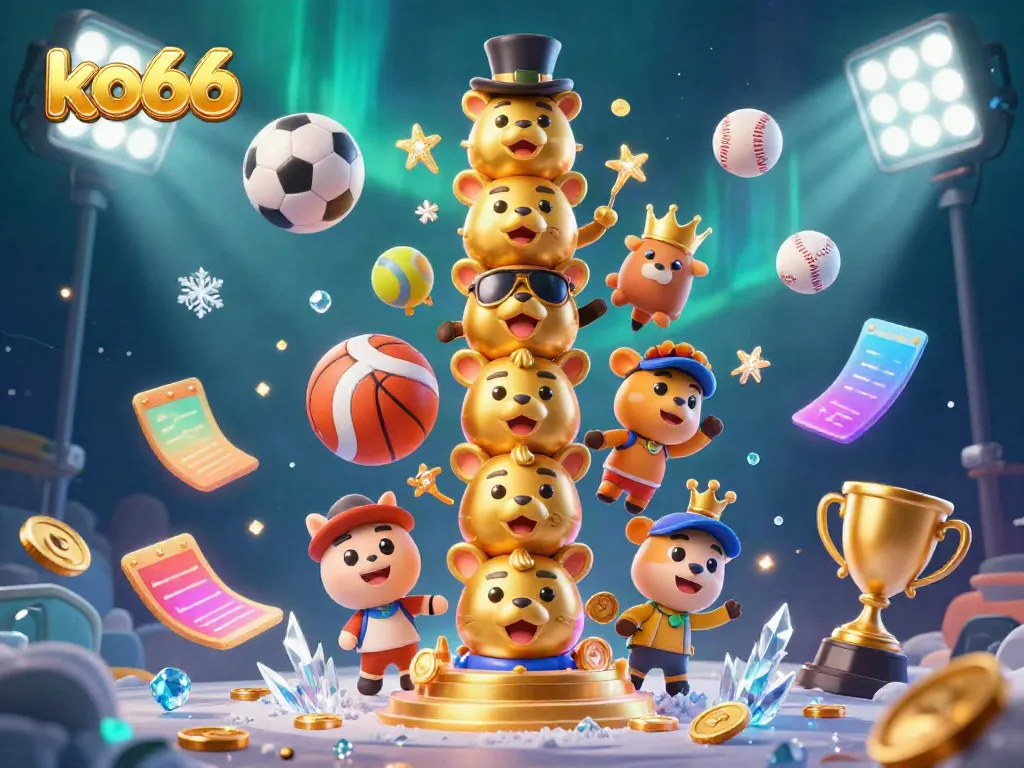 Engage with ko66's vibrant gaming world, where a cartoon golden totem pole and sports elements create an immersive casino experience.