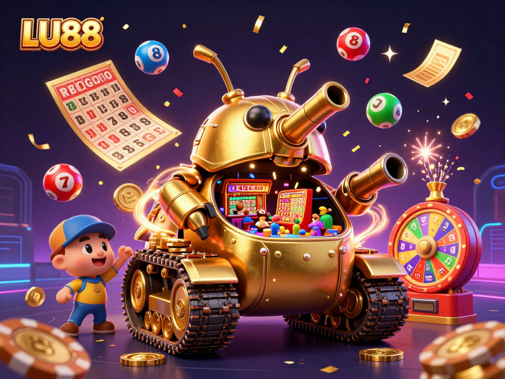 LU88 showcases a vibrant scene with colorful lottery balls and a golden beetle tank revealing a miniature casino.