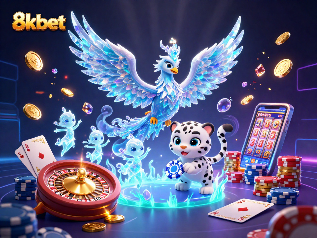 Experience thrilling gameplay with 8kbet featuring an ice phoenix, poker, and vibrant casino elements.