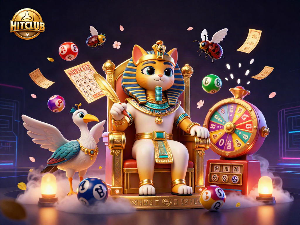 Experience HITCLUB with vibrant lottery elements and dynamic gaming characters in this stunning illustration.