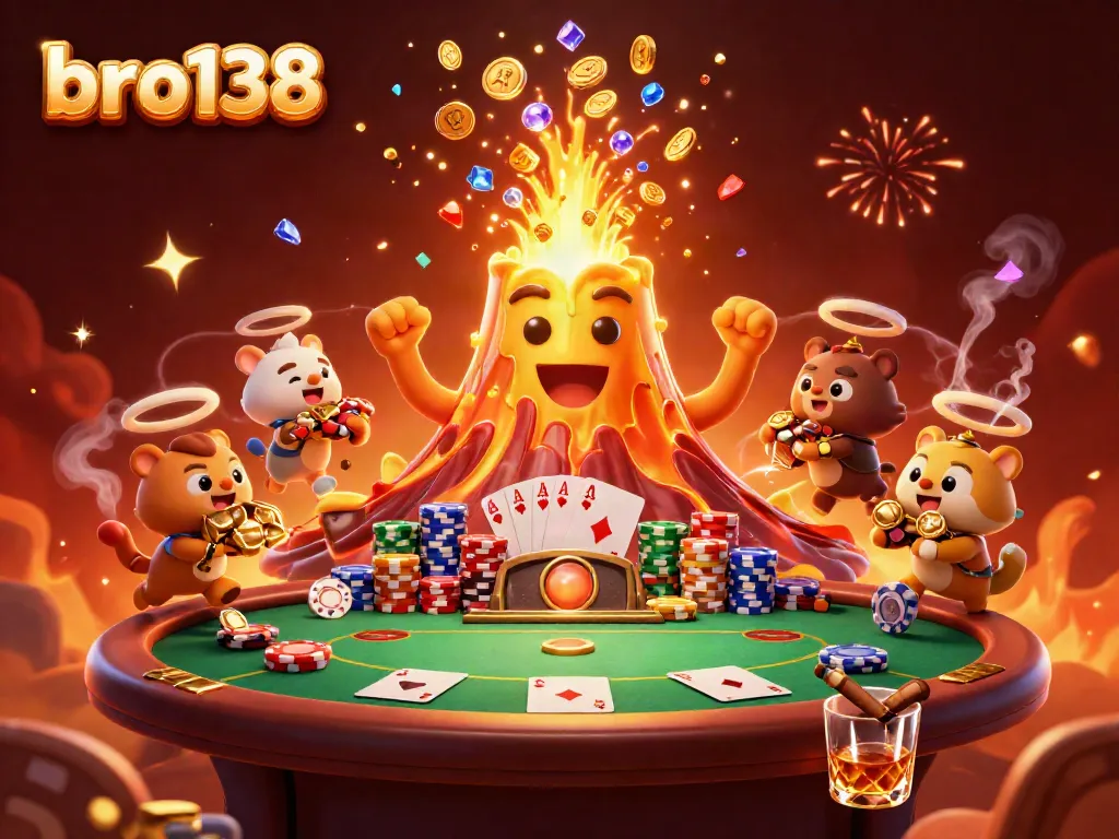 Experience the excitement of bro138 with a golden volcano erupting treasures and poker action.