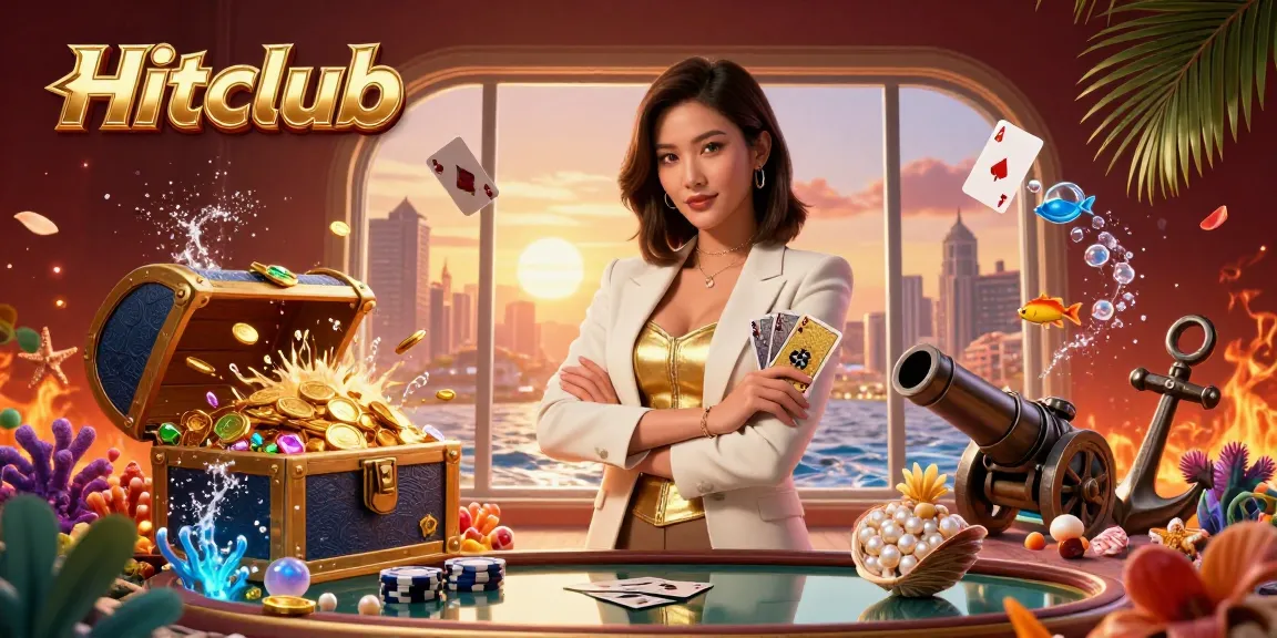 Engage with Hitclub's vibrant casino experience featuring an elegant Asian woman with poker cards amidst treasure-rich underwater elements.