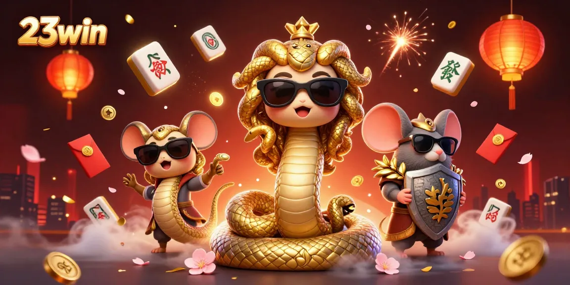 Engage in thrilling bets with 23win's 3D casino characters, Medusa and warrior mouse, amidst vibrant games and festive decorations