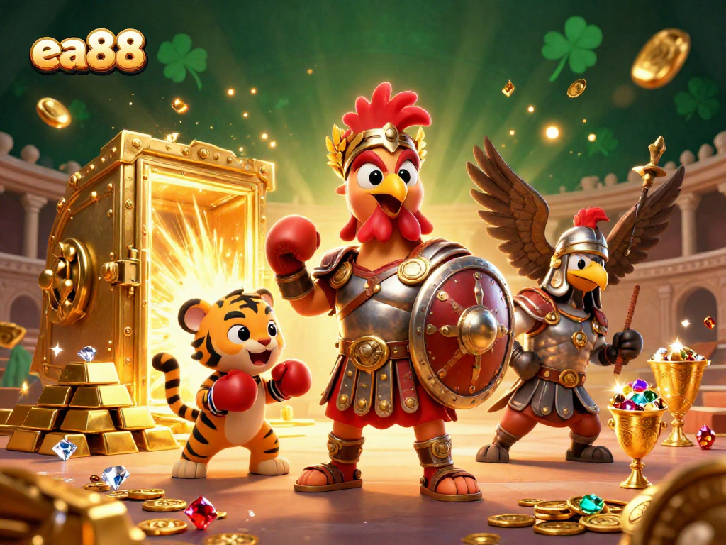 Capture thrilling gaming dynamics at ea88 with a cartoon gladiator rooster and treasures in a vibrant casino scene.