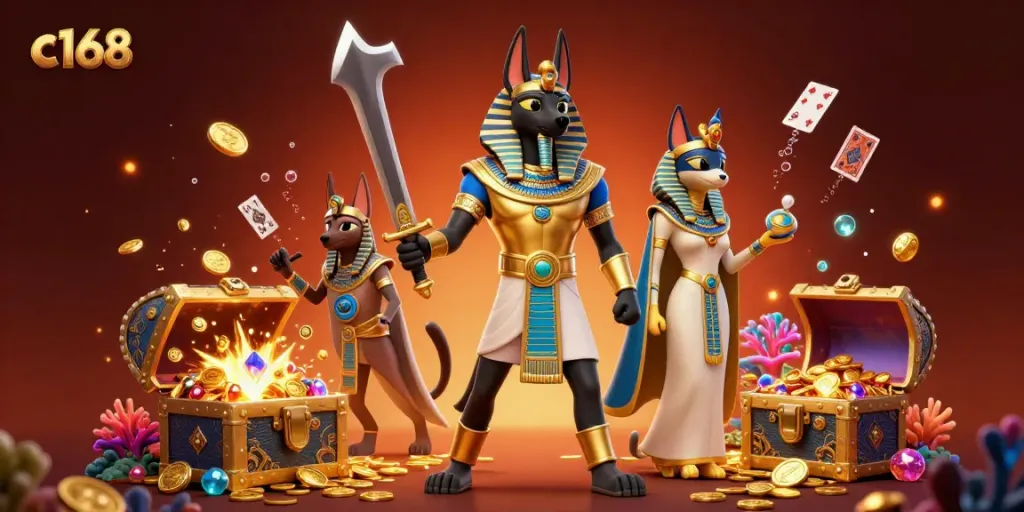 Experience thrilling wins with c168 in this vibrant 3D casino illustration featuring Anubis and treasures.