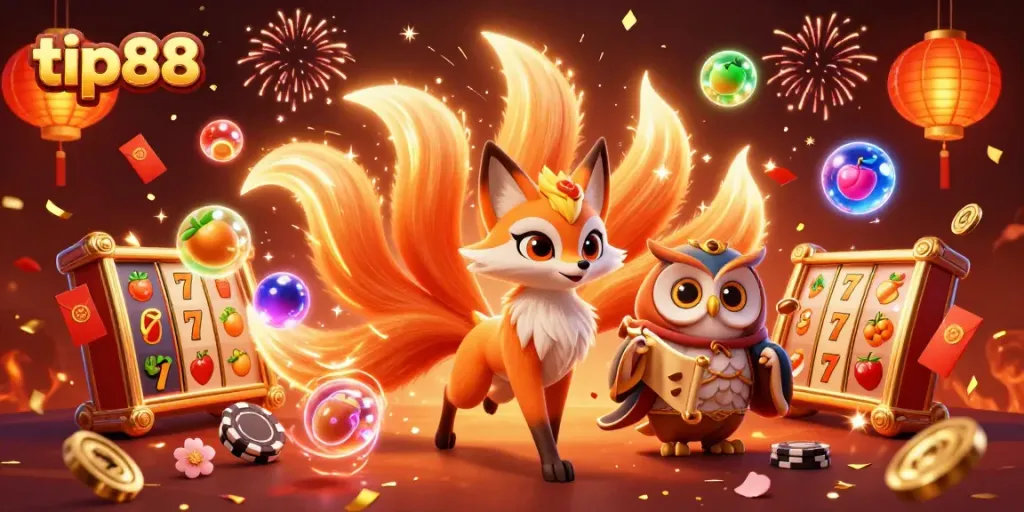 Engage with tip88's vibrant casino scene featuring a nine-tailed fox and wise owl amidst exciting game elements.