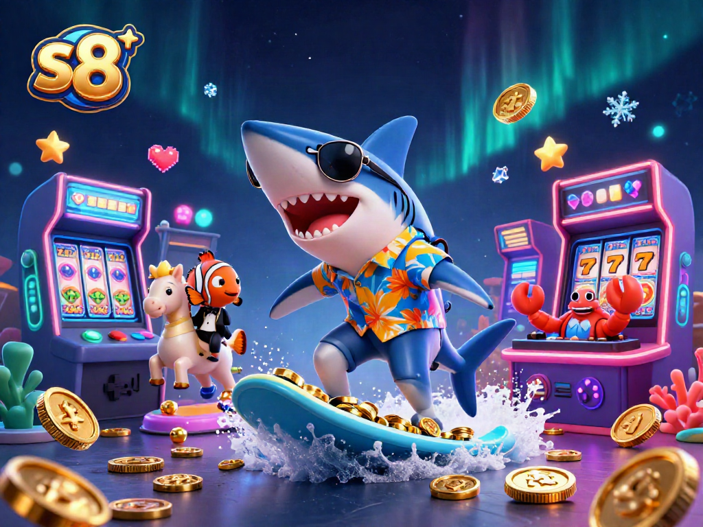 s8 showcases action-packed gaming with vibrant characters surfing gold coins in a colorful casino scene.