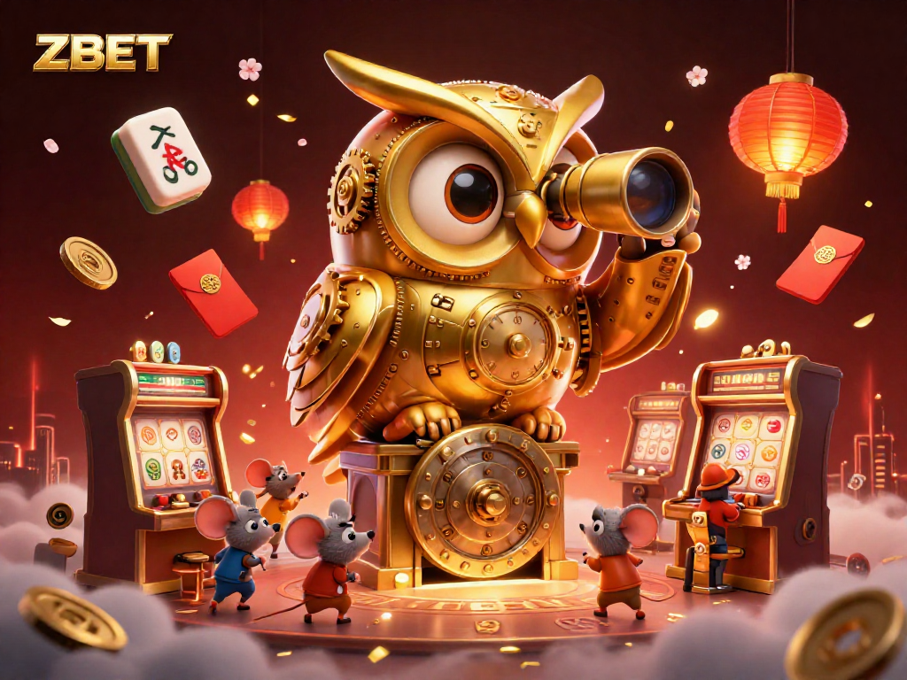 ZBET casino scene featuring a golden owl, mice patrons, and vibrant gaming elements for thrilling play-action.