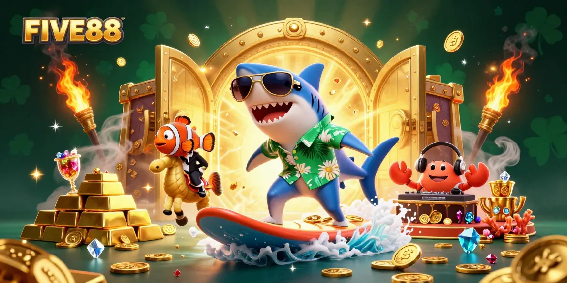 Catch the excitement at FIVE88 with a vibrant scene of a shark, clownfish, and DJ crab in a colorful casino adventure.