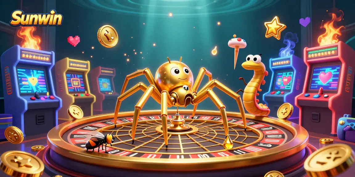 Sunwin's lively scene features a golden spider and centipede croupier amid vibrant casino elements.