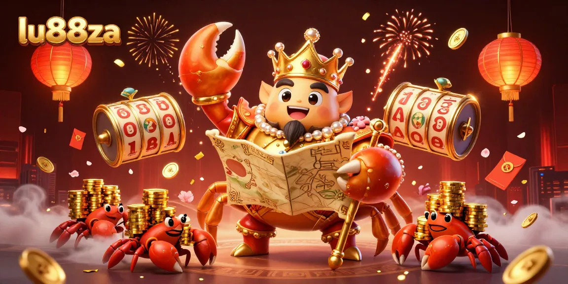Experience the vibrant world of lu88za with a golden crab emperor and dynamic slots in this stunning casino illustration.