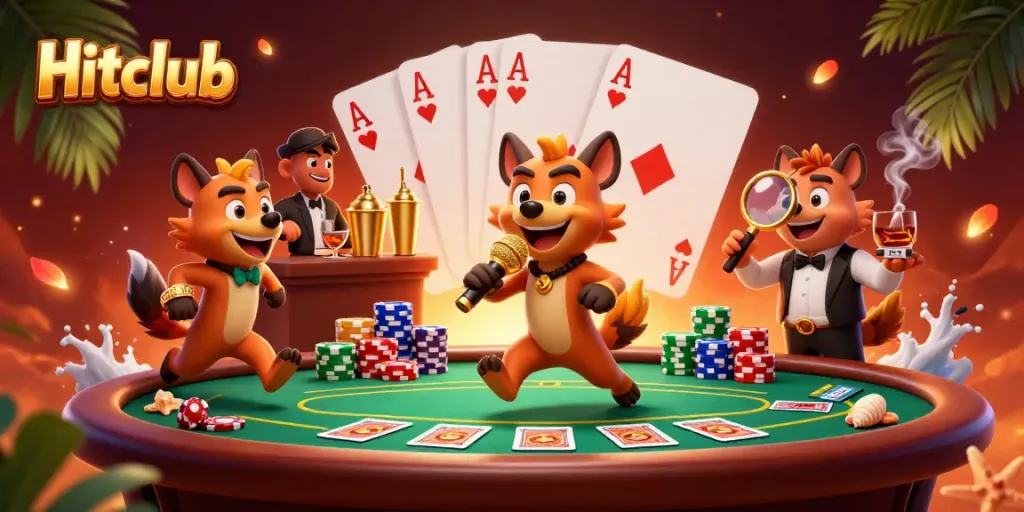 Engage in thrilling gaming moments with Hitclub featuring vibrant characters and casino elements.