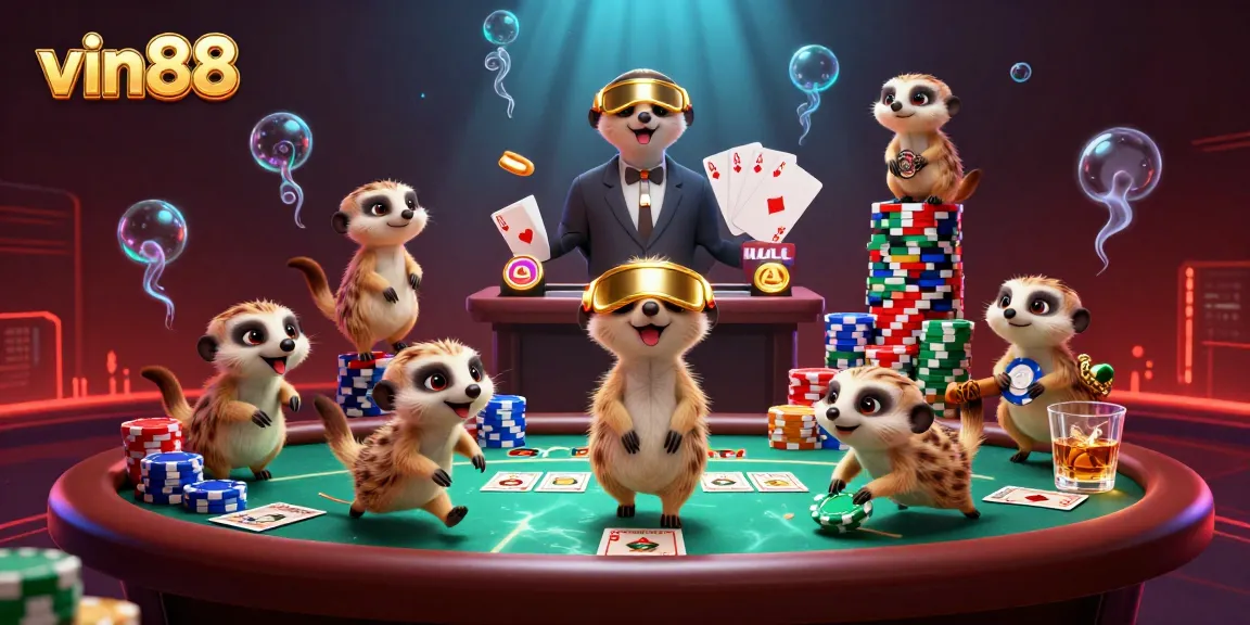 Experience Vin88's exciting casino action with meerkats in a vibrant gambling scene.