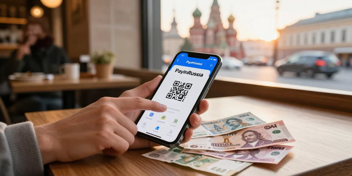 Interactie met de PayInRussia-app voor naadloze betalingen in Rusland, omringd door lokale valuta en QR-codes.