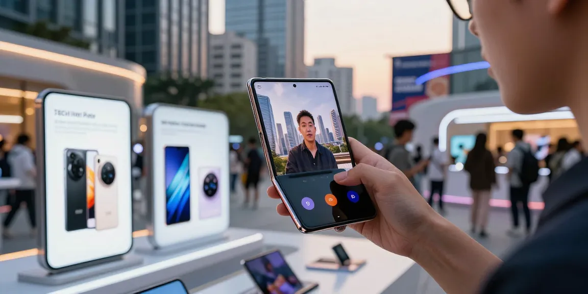 Person showcasing foldable phones 2026 in a vibrant urban setting with modern digital displays.