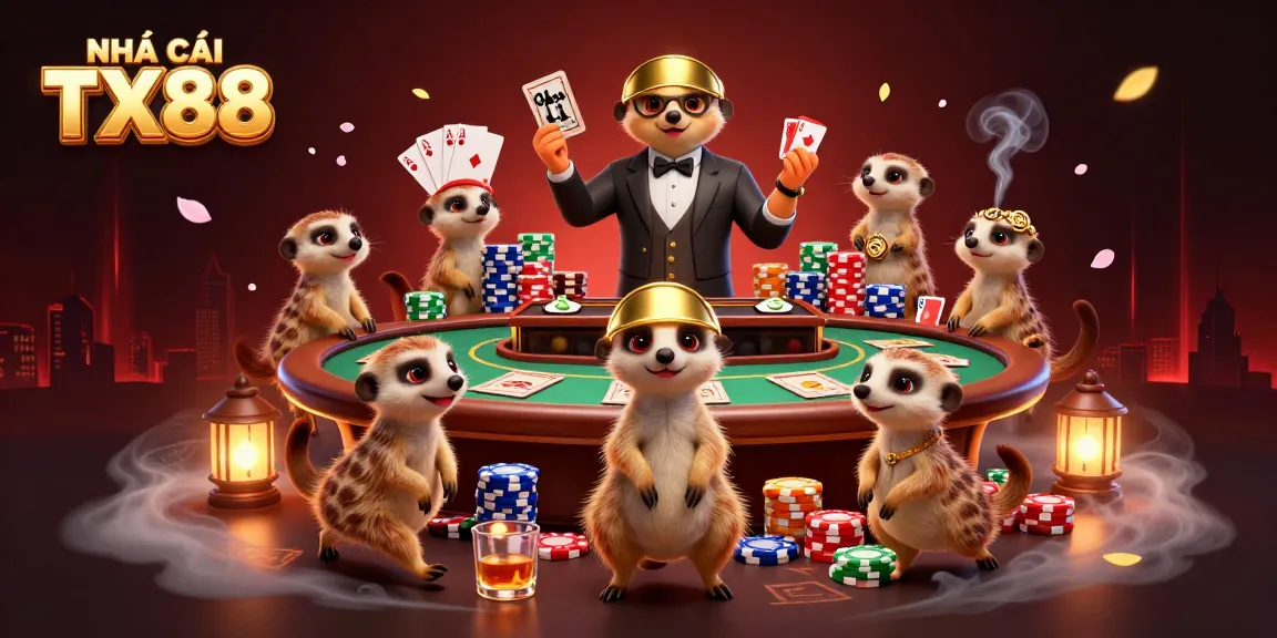 Experience the excitement at NHÀ CÁI TX88 while meerkats manage a vibrant casino scene filled with dynamic gaming elements.