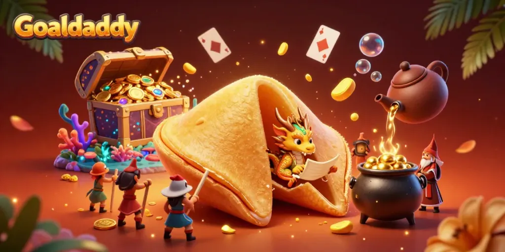 Experience Goaldaddy's exciting casino atmosphere with a dynamic 3D illustration of a golden fortune cookie and vibrant elements.