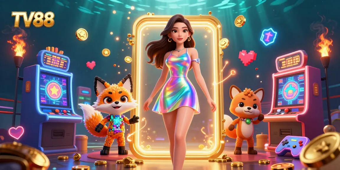 TV88 showcases a vibrant 3D scene of a woman in a holographic dress, surrounded by colorful slot machines.