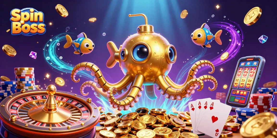 Spin Boss showcases a golden kraken submarine surrounded by casino elements for thrilling gameplay.