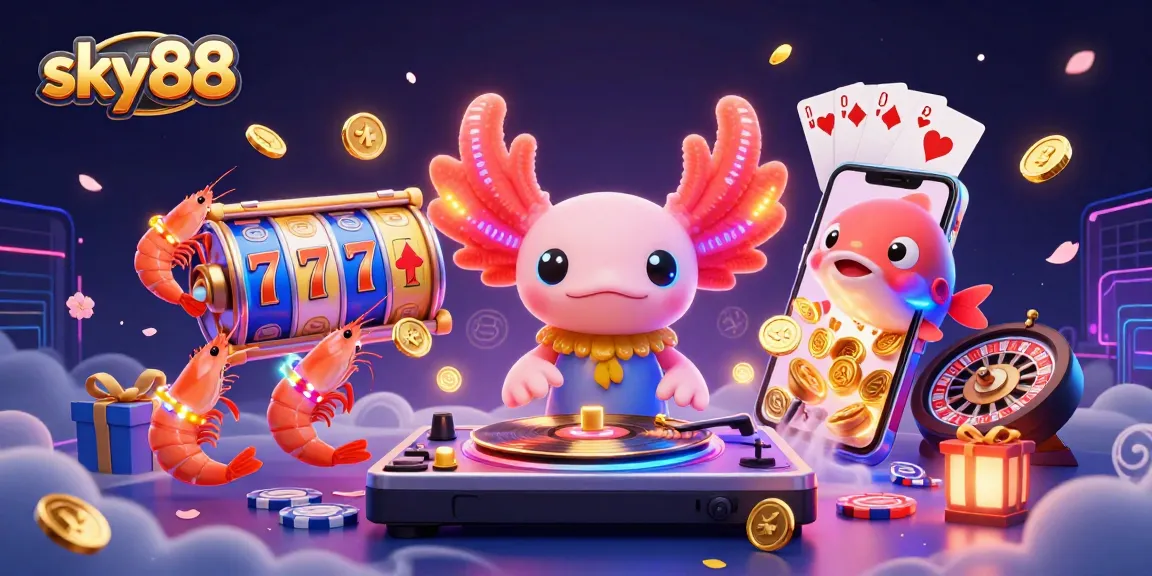 Spin to win at sky88 with a vibrant axolotl DJ and casino games in a neon underwater scene.