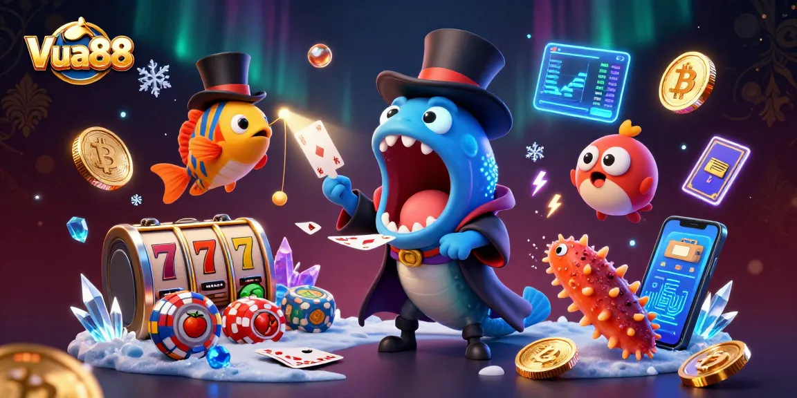 Vua88 players enjoy enchanting slot games while mastering card tricks in a mesmerizing sea-themed casino illustration.