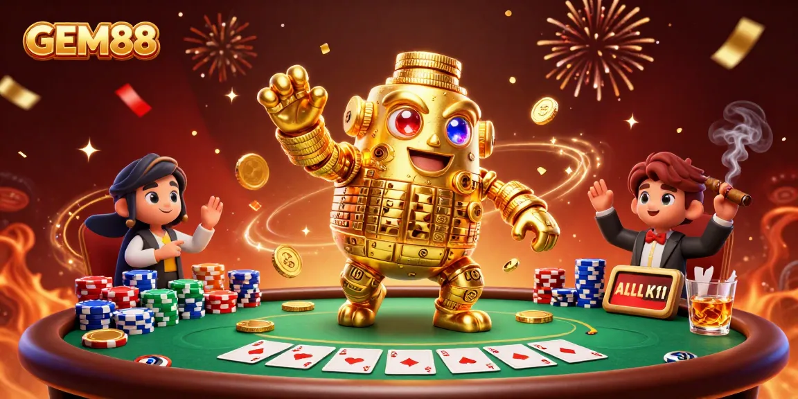 Experience excitement at GEM88 with vibrant casino action featuring a golden golem, poker elements, and rich visuals.