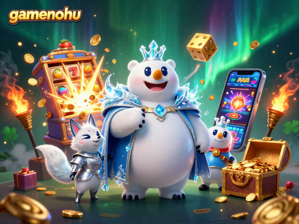 Spin jackpots with gamenohu's vibrant casino scene featuring ice king and slot machines.
