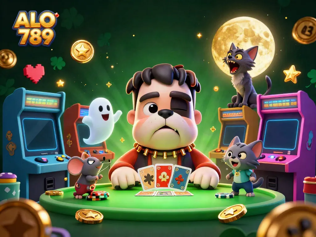 Experience the excitement of ALO 789 with a lively 3D casino scene featuring characters and vibrant game elements in action.