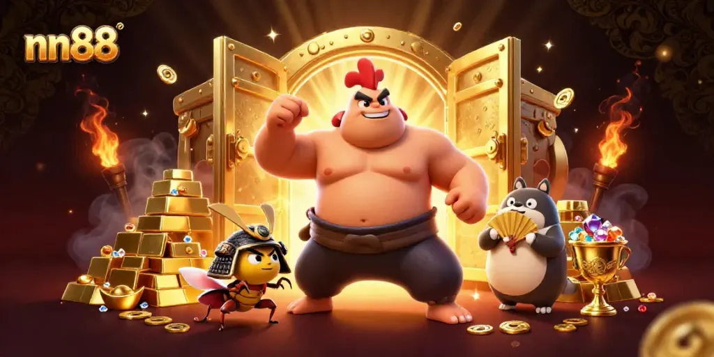 Experience the exciting world of nn88 as a powerful sumo rooster battles a fierce samurai cricket in a dazzling casino scene.