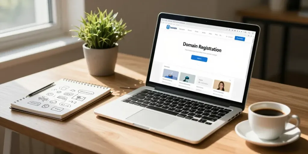 Een professioneel bureau met een laptop voor domeinnaam registreren, notitieboek en koffie in natuurlijk licht.
