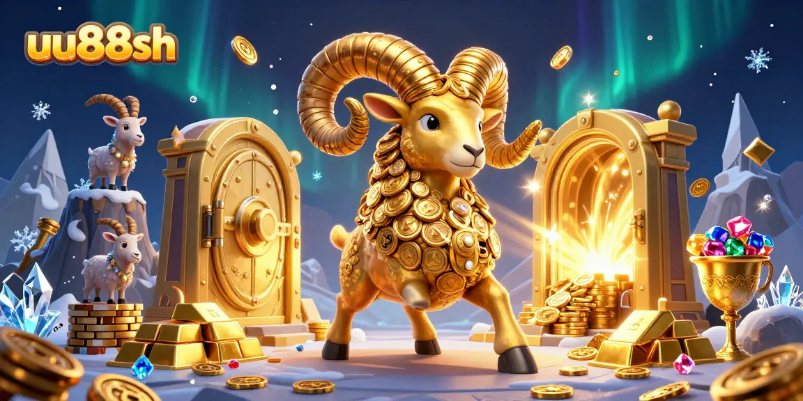 Win big with uu88sh, featuring golden ram and treasure vault in an ultra-detailed 3D casino scene.