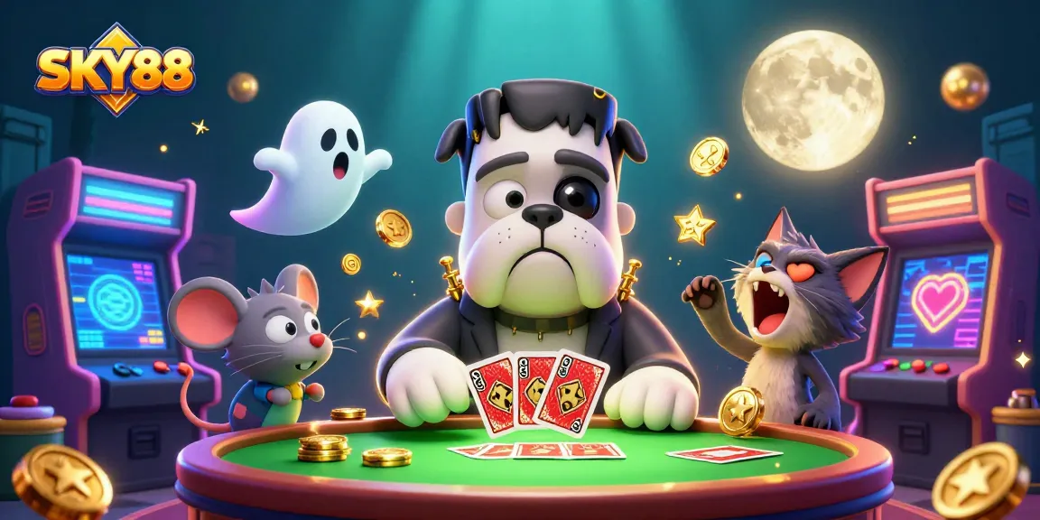 SKY88 showcases a vibrant scene with a Frankenstein bulldog and werewolf kitten in a lively casino atmosphere.