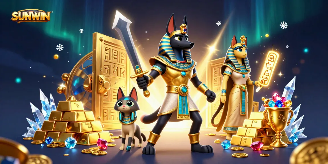 SUNWIN offers thrilling gameplay with Anubis and Bastet amid gold and jewels in a dynamic casino scene.
