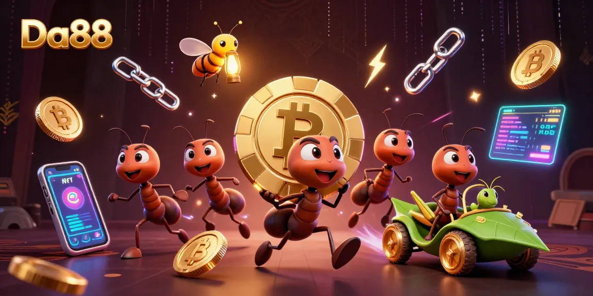 Da88 ants conduct a gambling heist in a vibrant casino-themed digital scene, showcasing excitement.