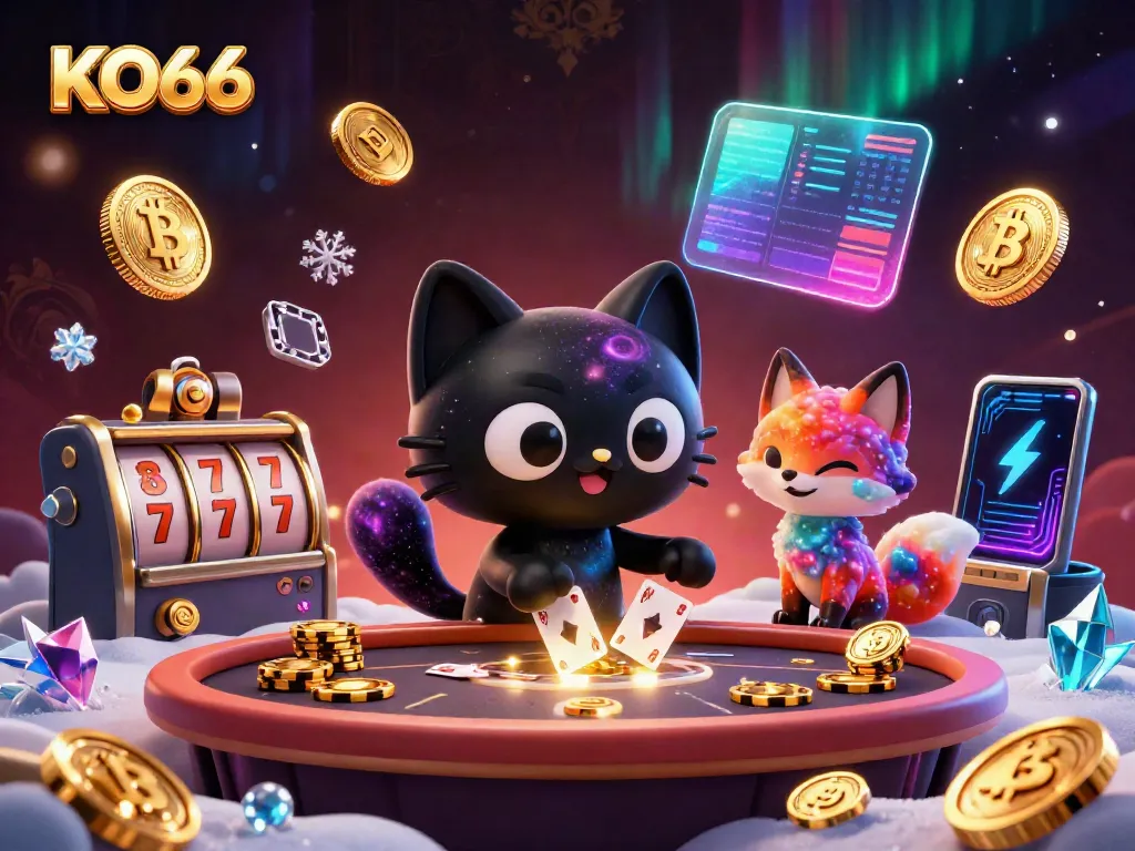 Engage in thrilling gameplay with KO66's cosmic cat at the casino table, surrounded by colorful crypto elements.