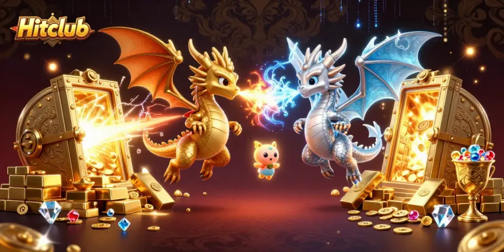 Experience Hitclub excitement with dragons amid luxury casino treasures in a vibrant 3D scene.