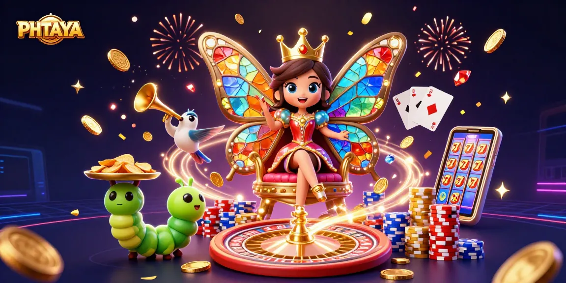 PHTAYA captures the thrill of gaming with a butterfly queen amidst vibrant casino elements.