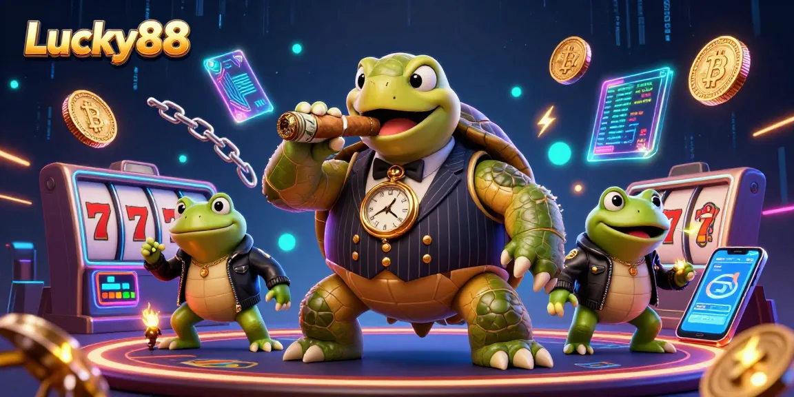 Engage with Lucky88's vibrant casino atmosphere featuring a unique turtle mobster and bullfrog enforcers.