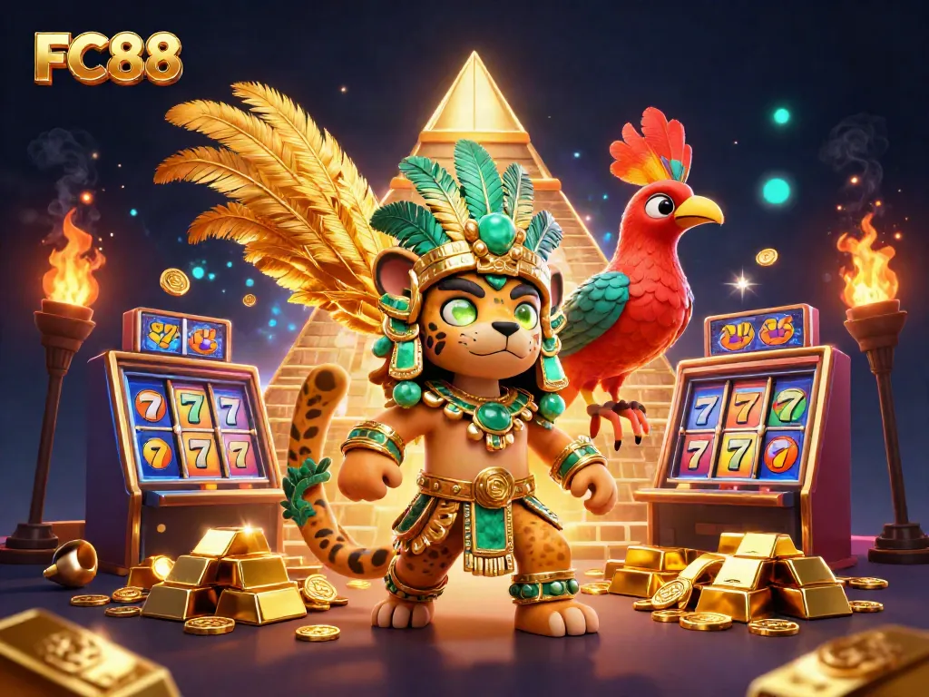 Experience thrilling wins at FC88, featuring dynamic slot games surrounded by vibrant treasures.