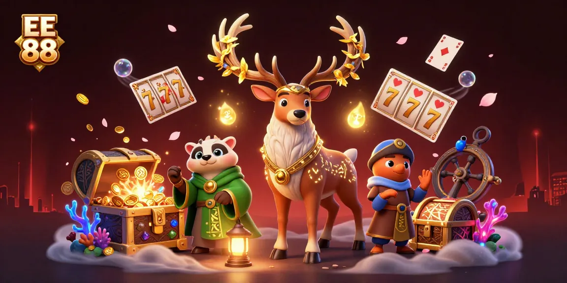 Experience the excitement of EE 88 with vibrant slot reels and a mystical scene.