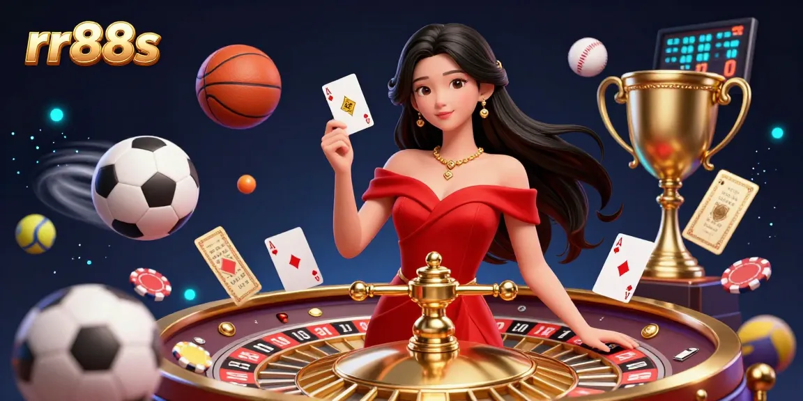 Experience thrilling gaming action with rr88s, featuring a stunning Asian woman beside a golden roulette wheel.