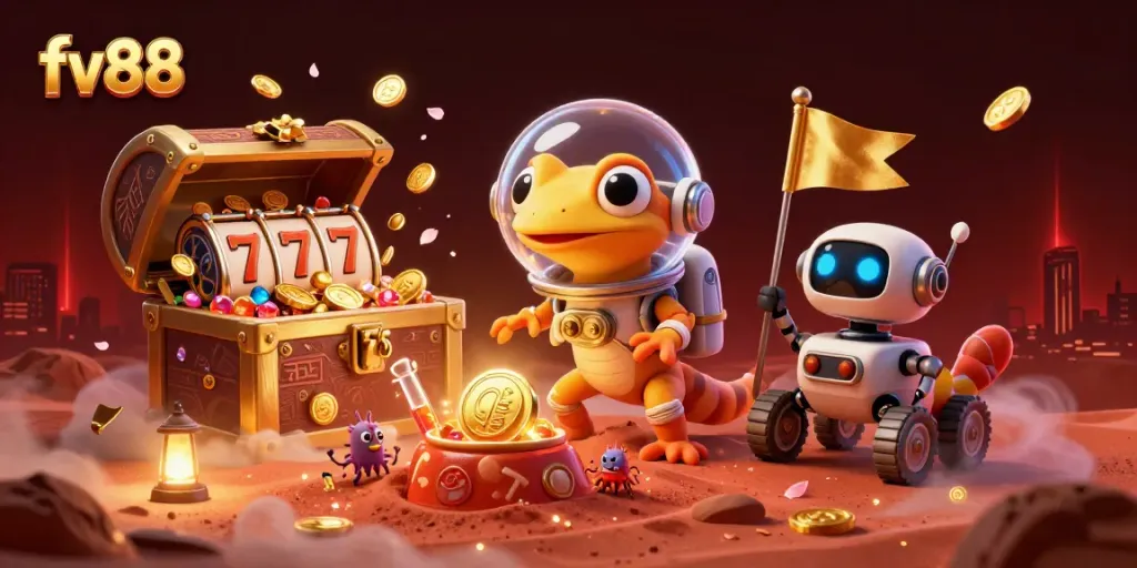 Experience the thrill of fv88 with a Martian gecko discovering a golden casino in an exciting 3D scene.