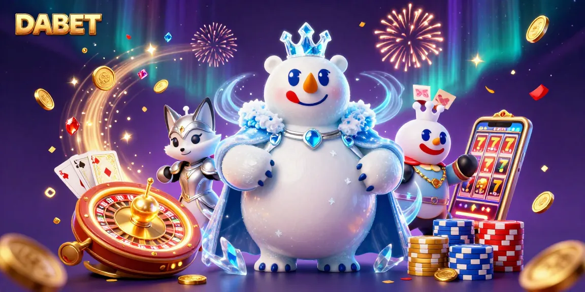 DABET engages players with vibrant casino energy, featuring a polar bear and snow fox, surrounded by dynamic gaming elements.