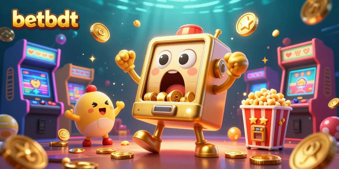 Betbdt slot machine achieves a jackpot as baby machines cheer amidst glowing arcade game elements.
