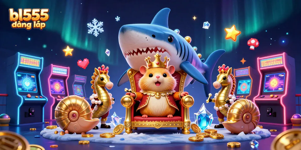 Join the fun at bl555 đăng nhập, featuring a fierce hamster king on a megalodon throne amidst vibrant casino elements.