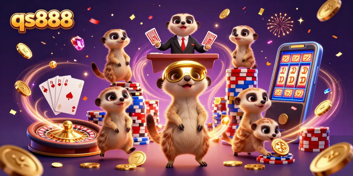 Experience excitement at qs888 with meerkats running a vibrant casino operation amidst flying coins and glowing gems.