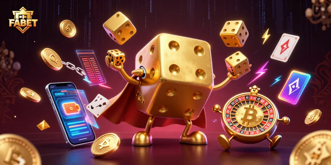Win big with FABET in a vibrant crypto casino scene full of golden dice and neon elements.