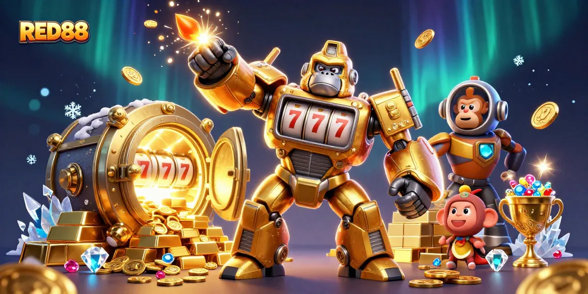 Engage with RED88 by spinning slot machines and collecting treasures in a vibrant casino scene.