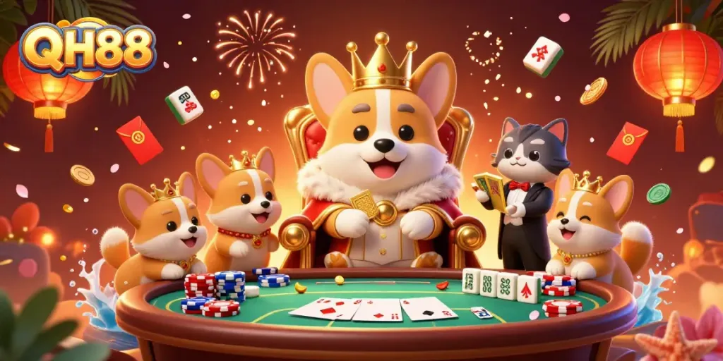Experience thrilling moments with QH88 as a royal corgi rules over a vibrant casino scene.